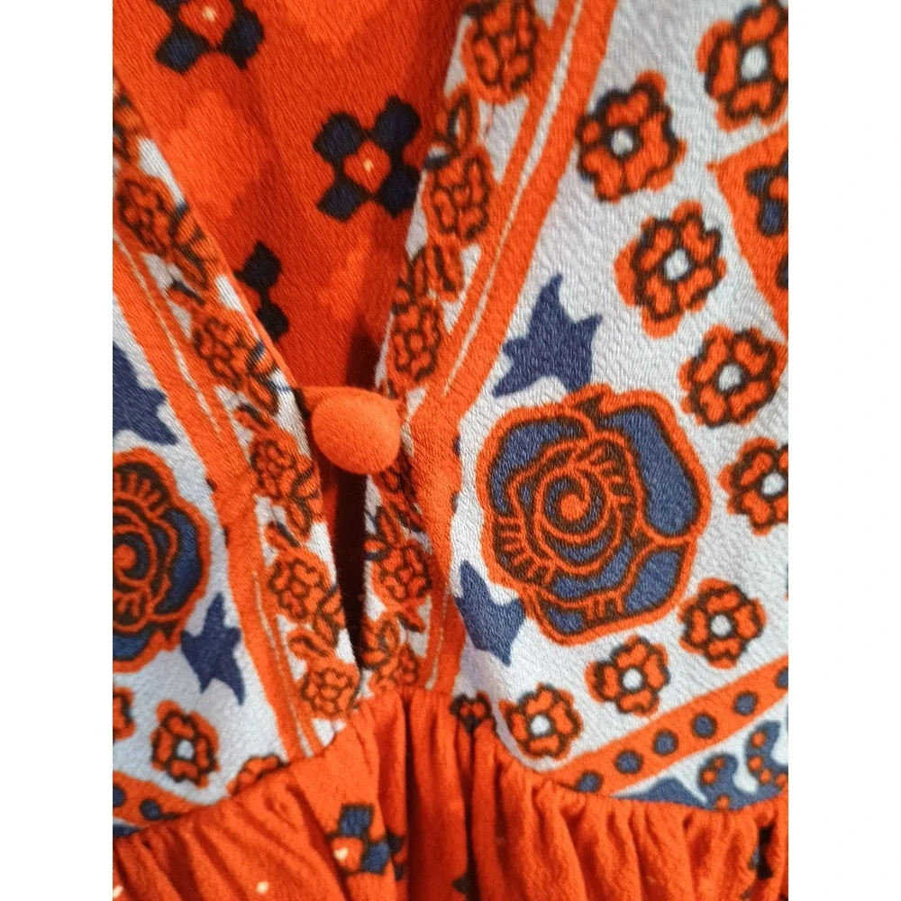 Free‎ People Orange Printed Sleeveless Charlotte Tunic Tank Top Pockets Size S